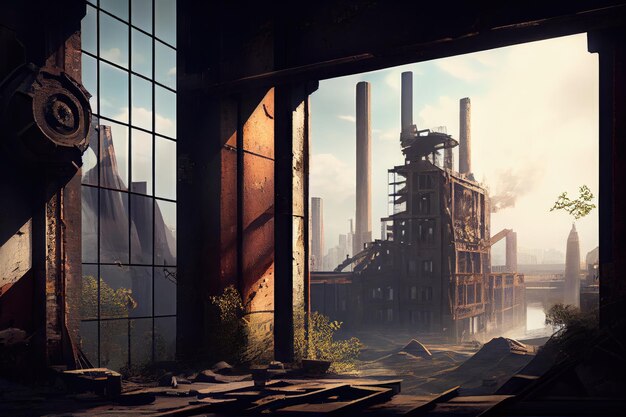 Industrial ruin with view of modern cityscape in the background