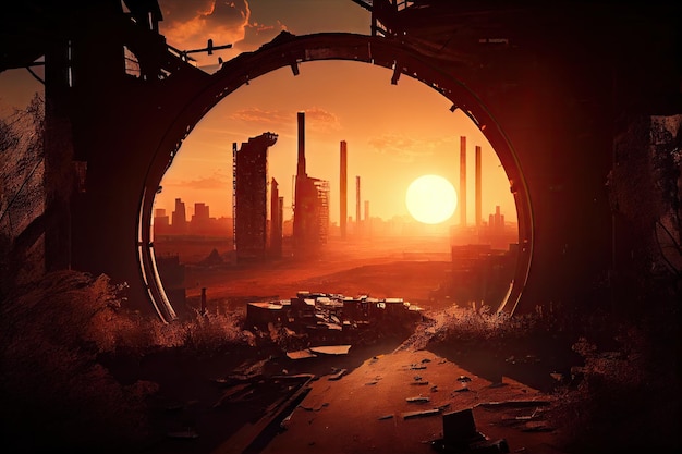 Industrial ruin with view of the sun setting over a city skyline