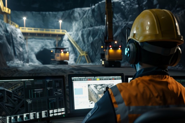 An industrial scene featuring a worker in a control room focusing on multiple monitors overseeing operations in an underground mining facility