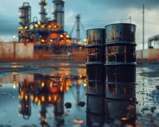 Photo industrial scene oil barrels with production towers and reflection high quality photo