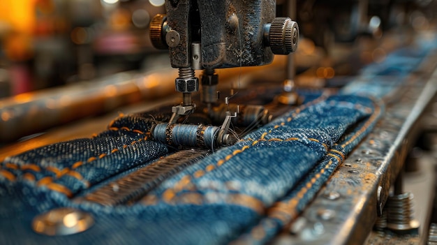 Industrial sewing machine stitching together denim fabric rugged texture