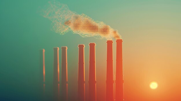 Photo industrial smoke stacks releasing pollutants into the air against a backdrop of a setting sun highlighting environmental pollution concerns