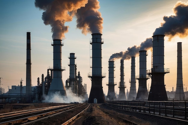 Industrial Smokestacks with Emissions Against Blue Sky