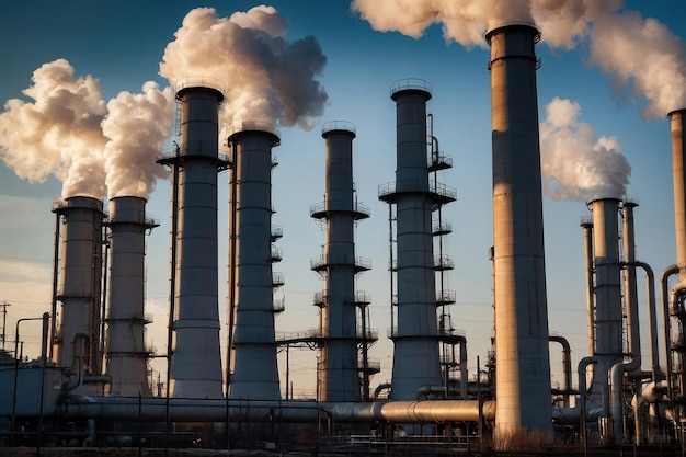 Industrial Smokestacks with Emissions Against Blue Sky