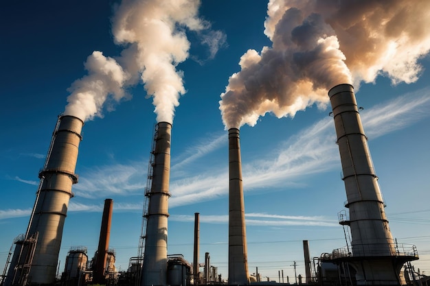 Industrial Smokestacks with Emissions Against Blue Sky