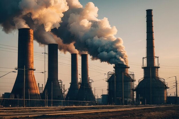 Industrial Smokestacks with Emissions Against Blue Sky