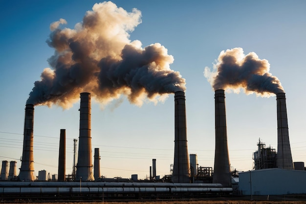 Industrial Smokestacks with Emissions Against Blue Sky