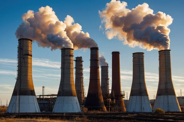 Industrial Smokestacks with Emissions Against Blue Sky