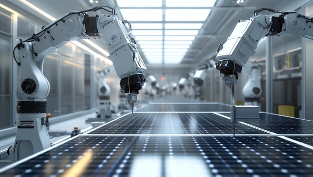 Photo industrial solar panel factory with robotic arms enhancing renewable energy production efficiency