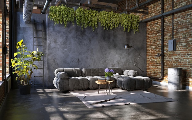 Industrial style of dark living room interior 3d render