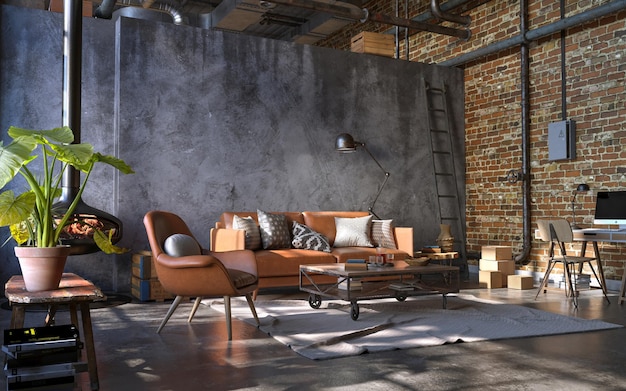 Industrial style of dark living room interior 3d render