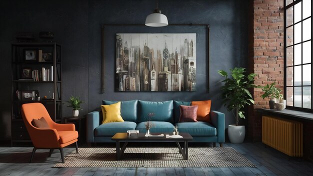 Industrial style of dark living room interior 3d render