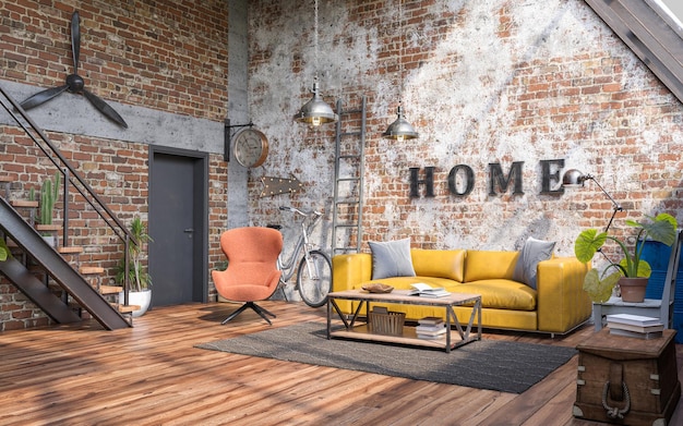 Industrial style of interior design with grunge walls Loft style 3d render