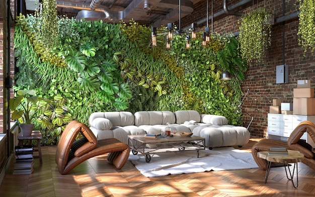 Industrial style of living room design with green wall 3d render