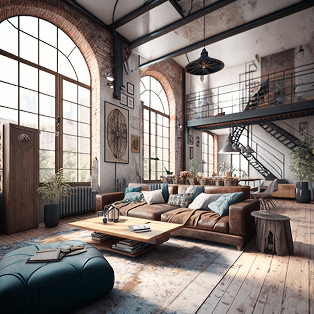 Industrial Style Living Room Loft Generative AI