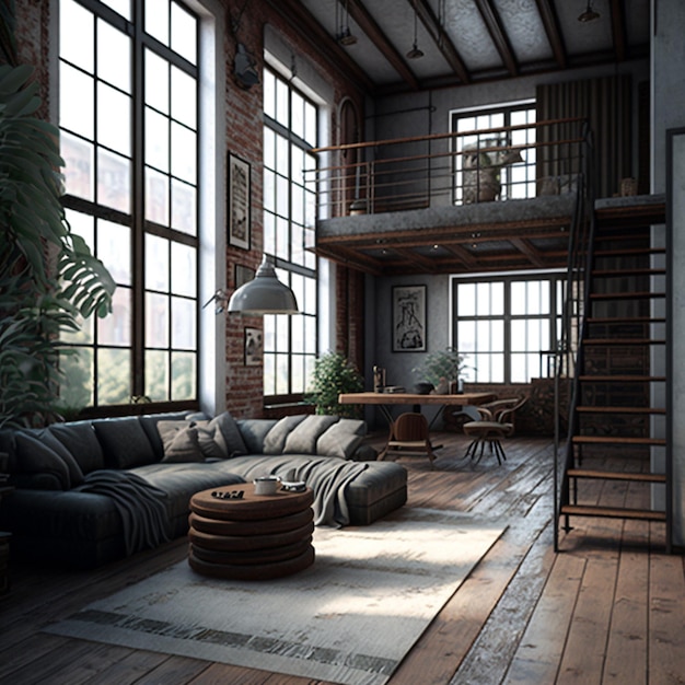 Industrial Style Living Room Loft Generative AI