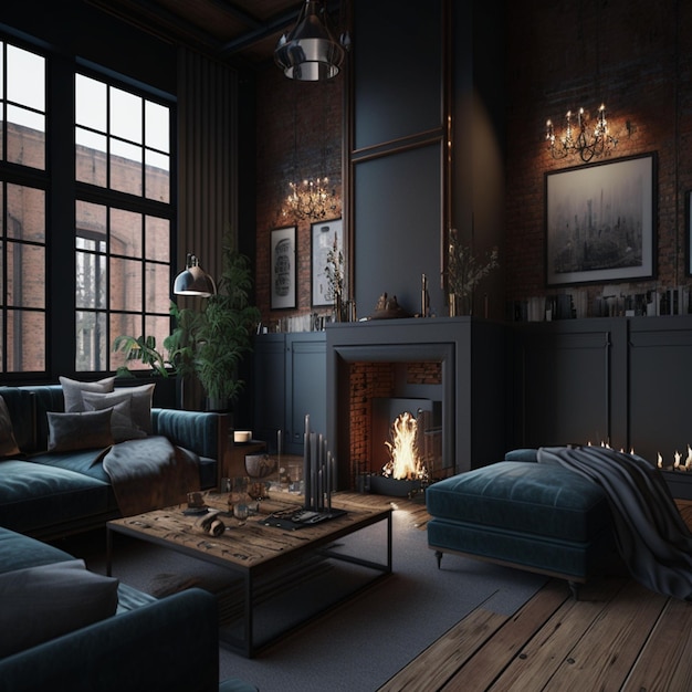 Industrial Style Loft with a Fireplace in a Dark Living Room generative AI