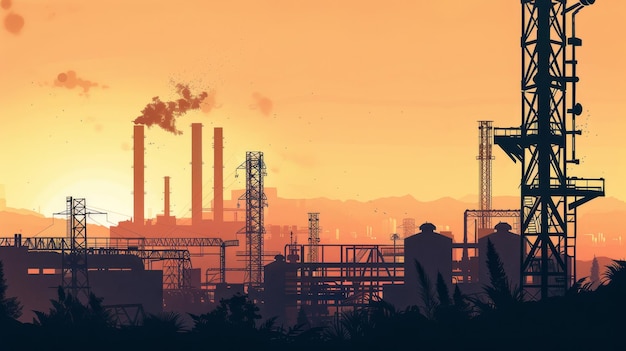 Industrial Sunset with Smoke and Silhouettes A silhouette of a large industrial plant against an o