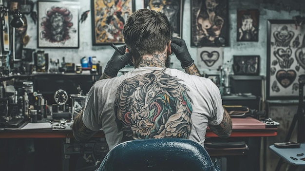 Photo industrial tattoo parlor showcasing edgy designs with dragon ink