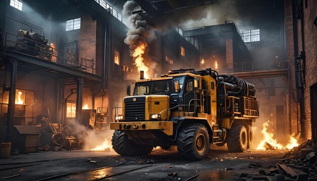 Photo industrial vehicle in burning factory with flames and smoke