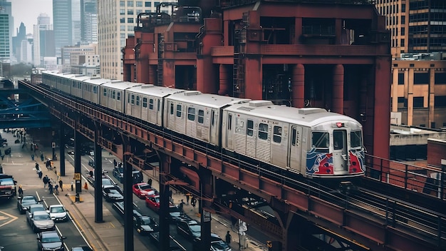 Industrial view of an elevated subway train in chicago