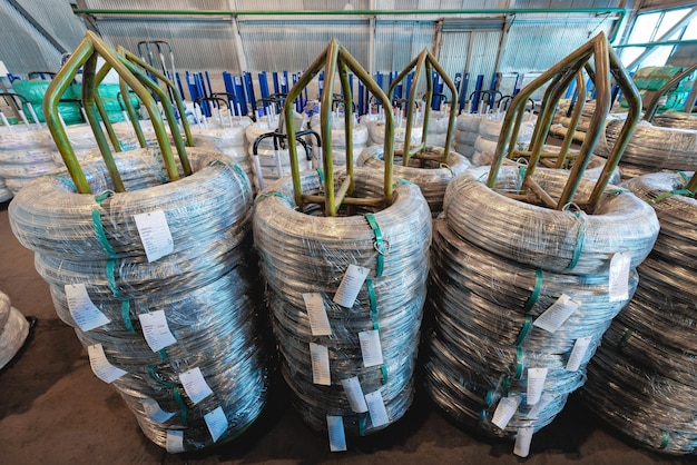 Industrial warehouse of cold rolled wire The wire coils are stacked off the stack