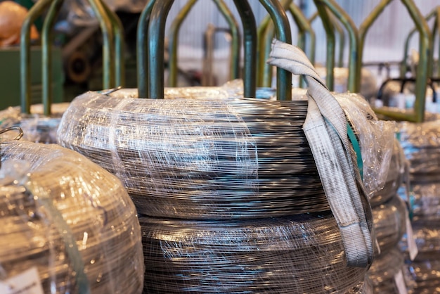 Industrial warehouse of cold rolled wire The wire coils are stacked off the stack