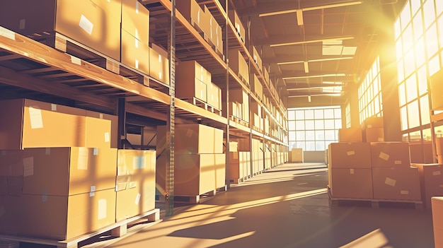 An industrial warehouse featuring rows of shelves stacked with cardboard boxes