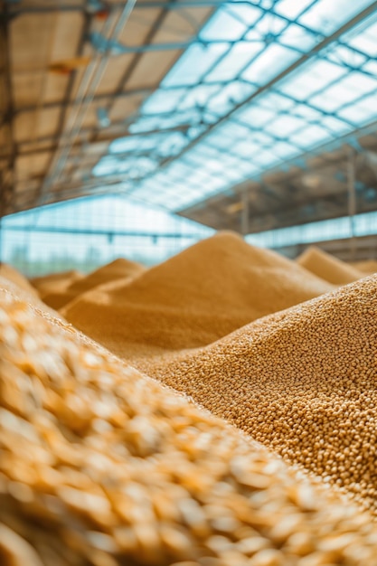 Industrial warehouse filled with goldenbrown grains Large window lets natural in Modern storage