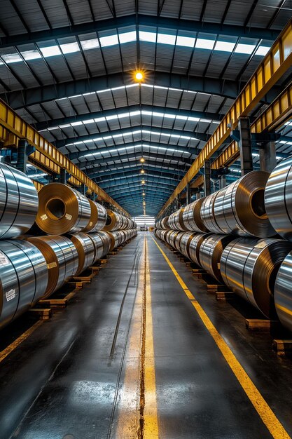 Industrial warehouse filled with rows of stainless steel coils yellow stripes on the flor artificial lighting that creates a symmetrical visually striking perspective