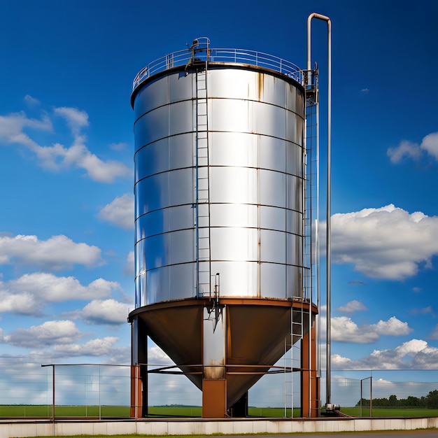 Industrial Water Tank with Reflections Under Blue Sky