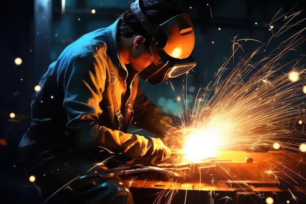 Photo industrial welder at work with sparks flying