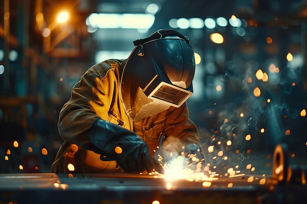 Industrial welder working in factory welding steel Metal protection engineering manufacture