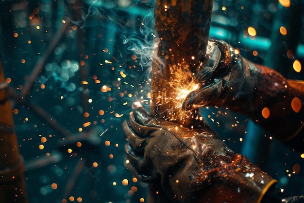 Industrial Welder Working at Nighttime Sparks Flying in Dark Workshop