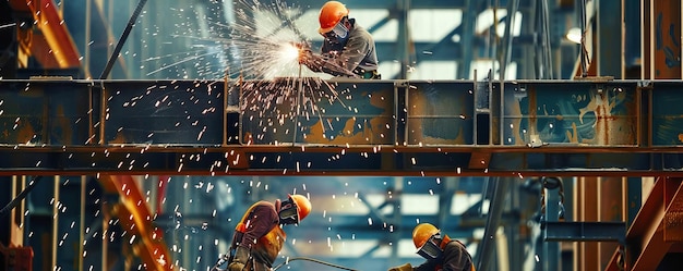 Industrial welders work on a large metal structure