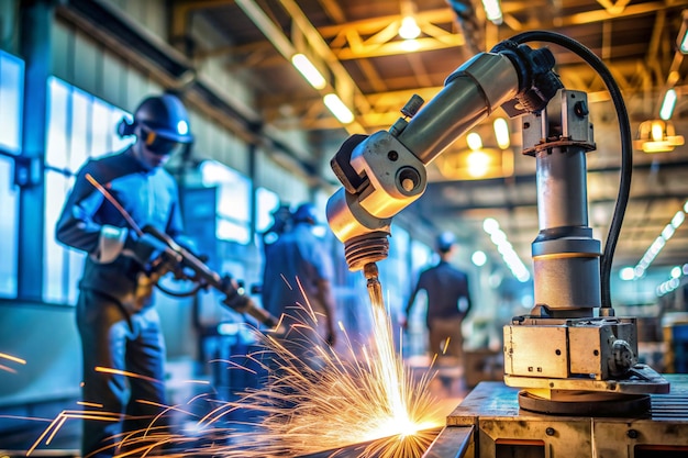 Photo industrial welding robot arm in the focus blurred welder in the background