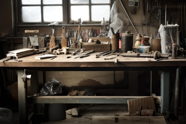 Industrial workbench with tools and raw materials nearby created with generative ai