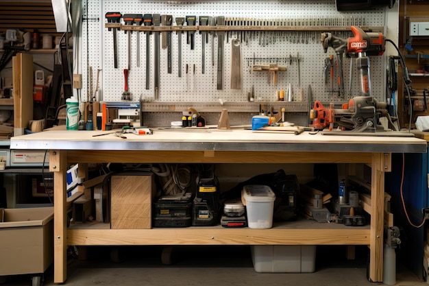 An industrial workbench with tools and supplies in the background created with generative ai