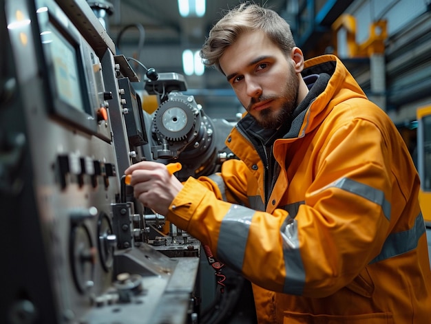 Photo industrial worker adjusting machinery in a factory setting