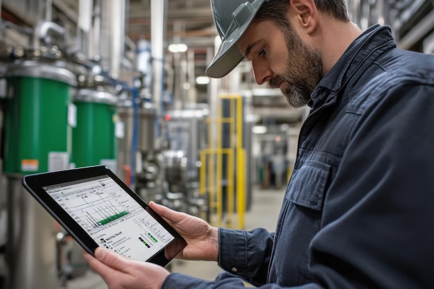 Photo industrial worker analyzing data on tablet in factory setting