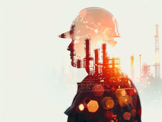 Industrial worker double exposure at sunrise with data visualization elements on gradient background