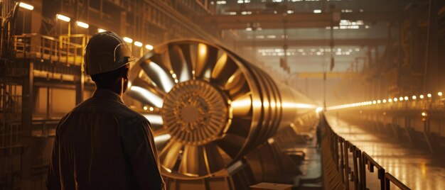 Photo an industrial worker in a hard hat gazes at a massive turbine in a dimly lit factory highlighting the scale and complexity of the machinery