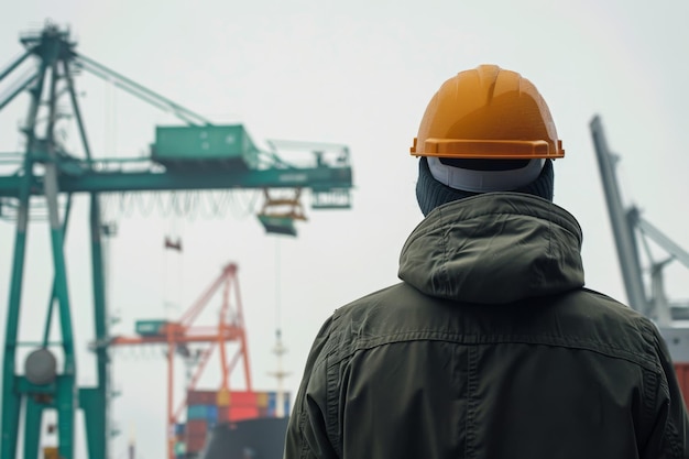 Industrial Worker in Hardhat Observing Busy Cranes at Port Facility During Daytime