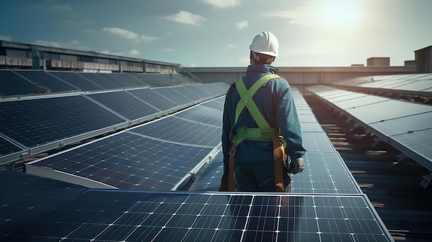 Industrial worker installing solar panels generated ai image