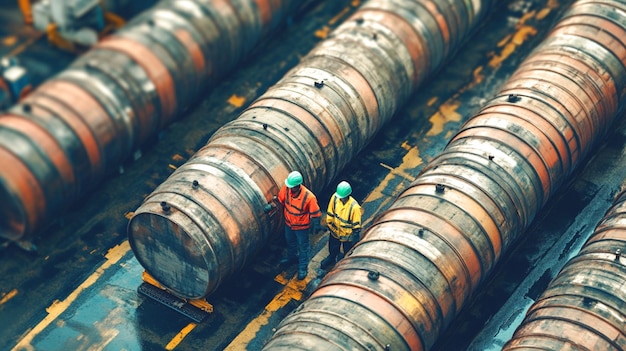 Industrial worker is checking rows of large oil drums