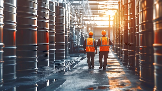 Industrial worker is checking rows of large oil drums