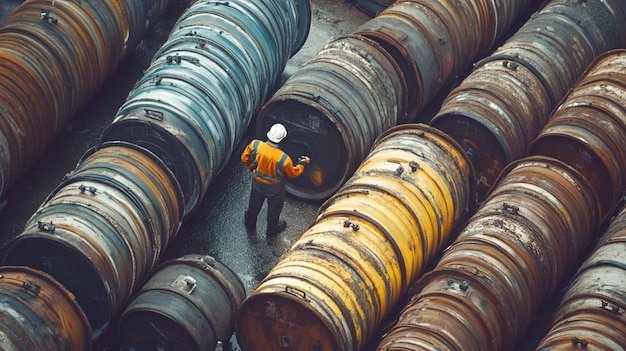 Industrial worker is checking rows of large oil drums