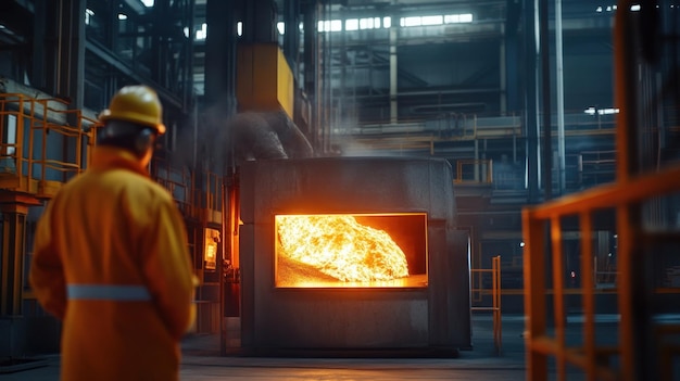 Photo industrial worker observing fiery furnace