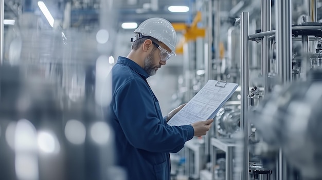 Photo industrial worker reviewing safety protocols in a factory