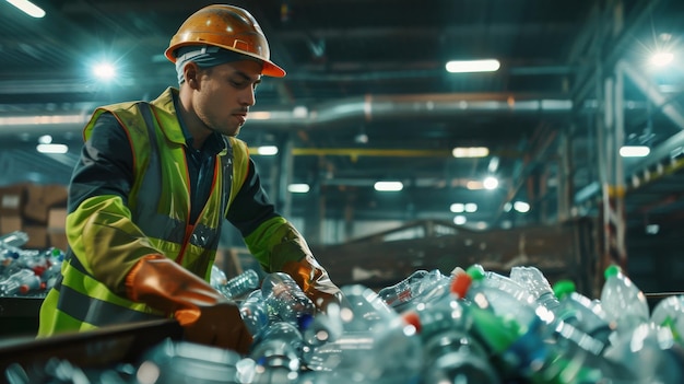 An industrial worker sorts plastic bottles for recycling in a factory highlighting the importance of environmental sustainability